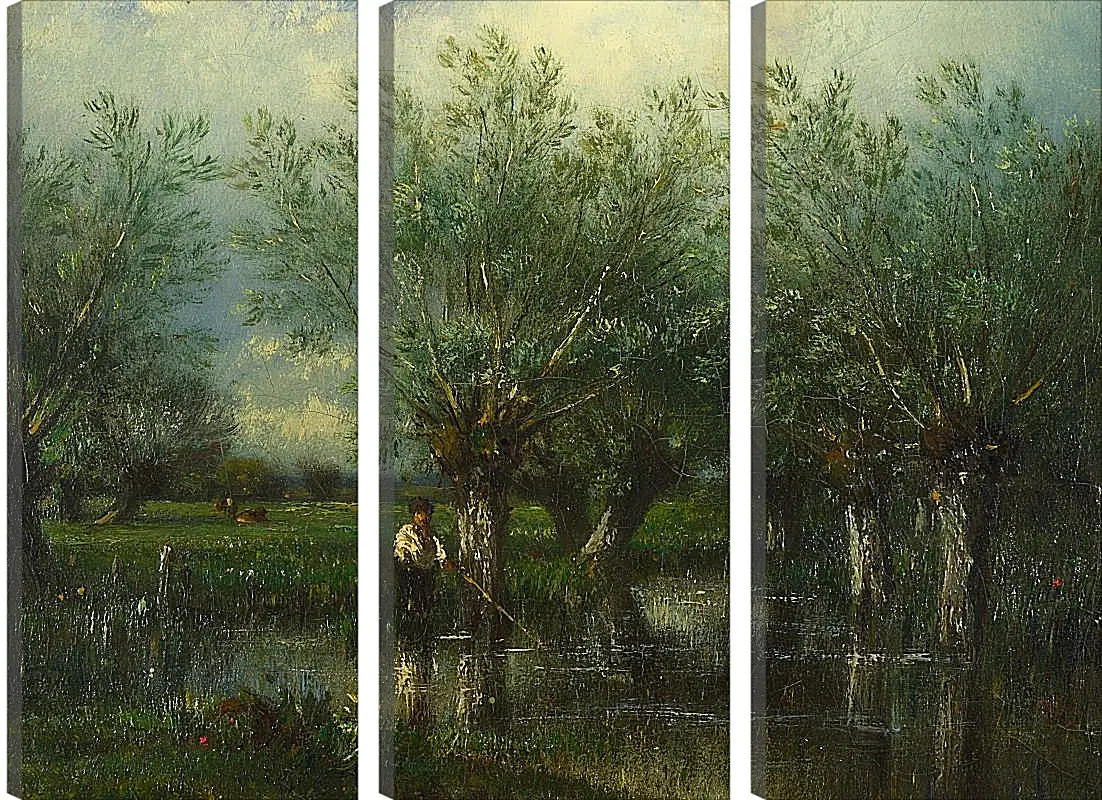 Модульная картина - Willows, with a Man Fishing.. Жюль Дюпре