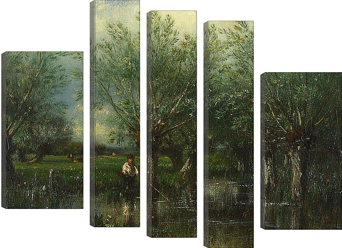 Модульная картина - Willows, with a Man Fishing.. Жюль Дюпре