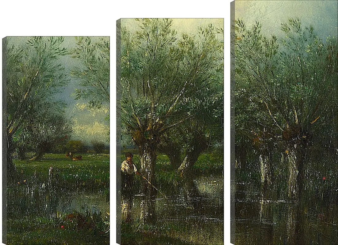 Модульная картина - Willows, with a Man Fishing.. Жюль Дюпре