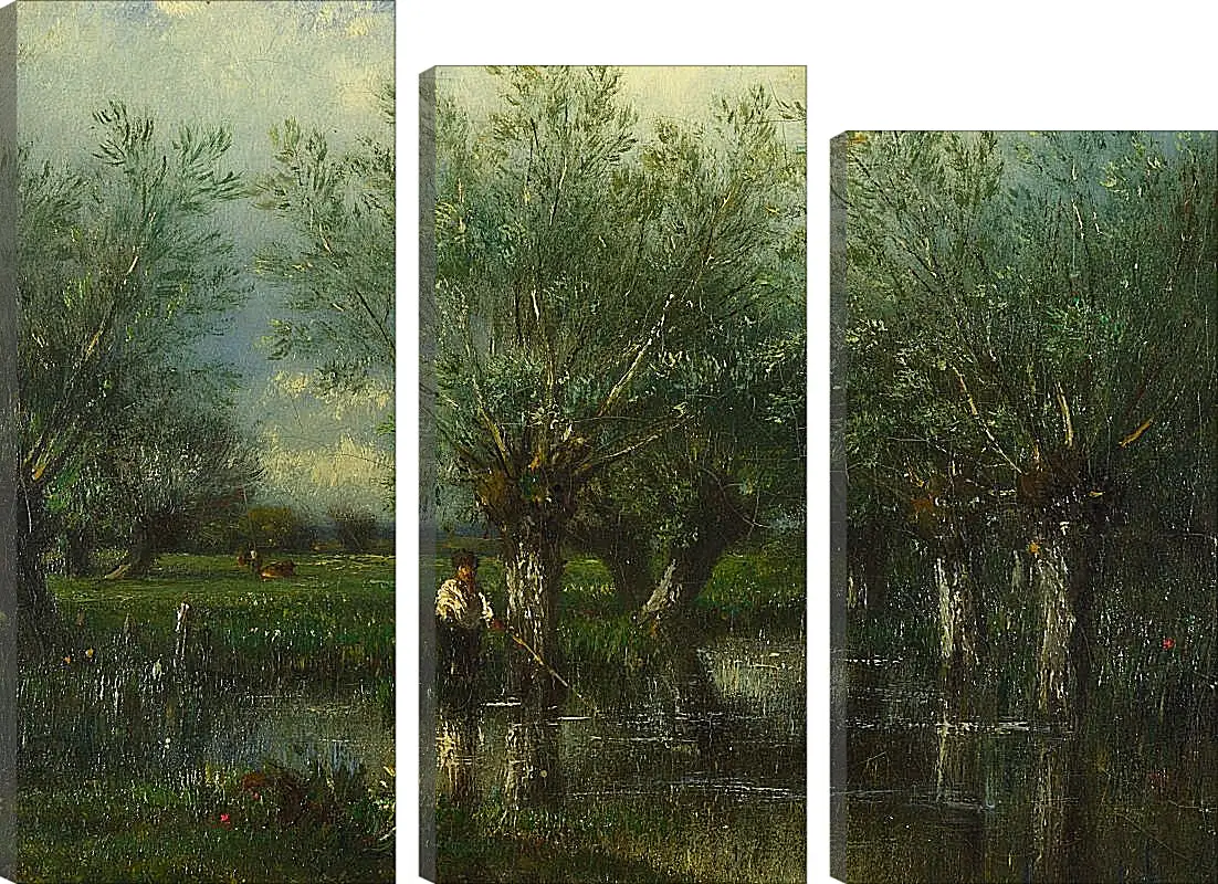 Модульная картина - Willows, with a Man Fishing.. Жюль Дюпре