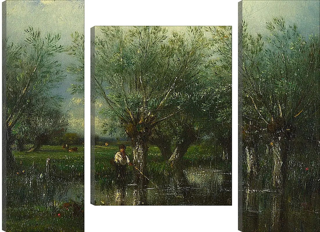 Модульная картина - Willows, with a Man Fishing.. Жюль Дюпре