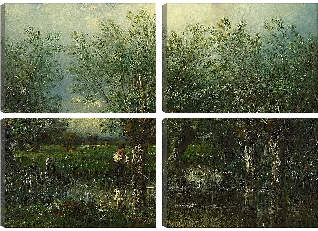 Модульная картина - Willows, with a Man Fishing.. Жюль Дюпре