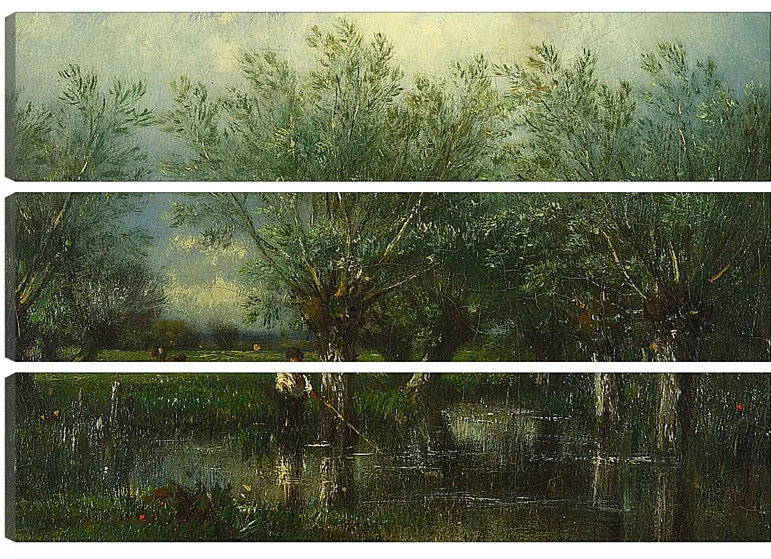 Модульная картина - Willows, with a Man Fishing.. Жюль Дюпре