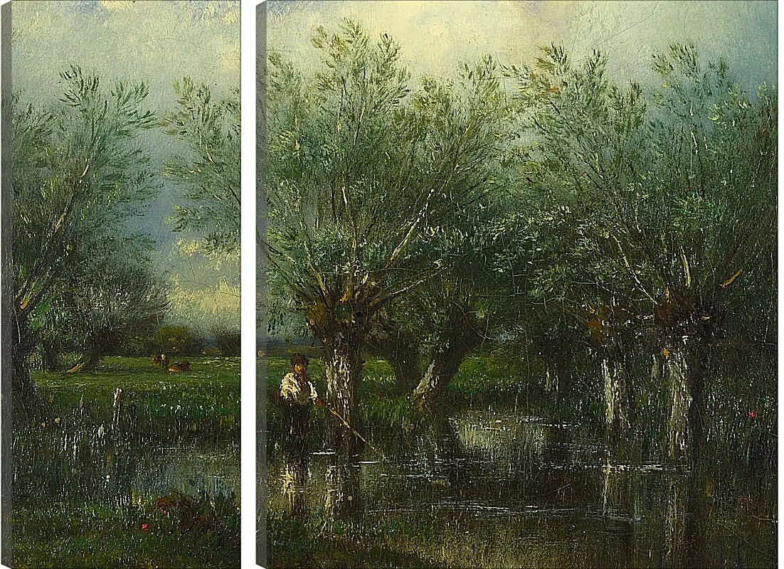 Модульная картина - Willows, with a Man Fishing.. Жюль Дюпре