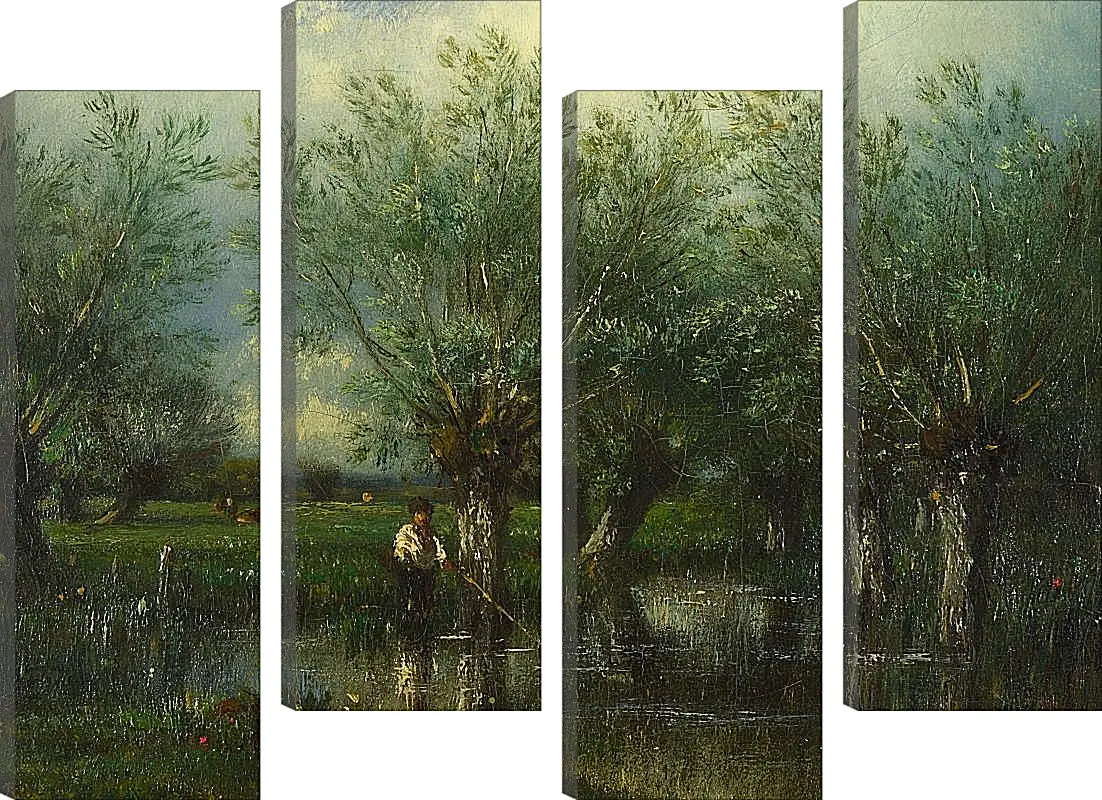 Модульная картина - Willows, with a Man Fishing.. Жюль Дюпре