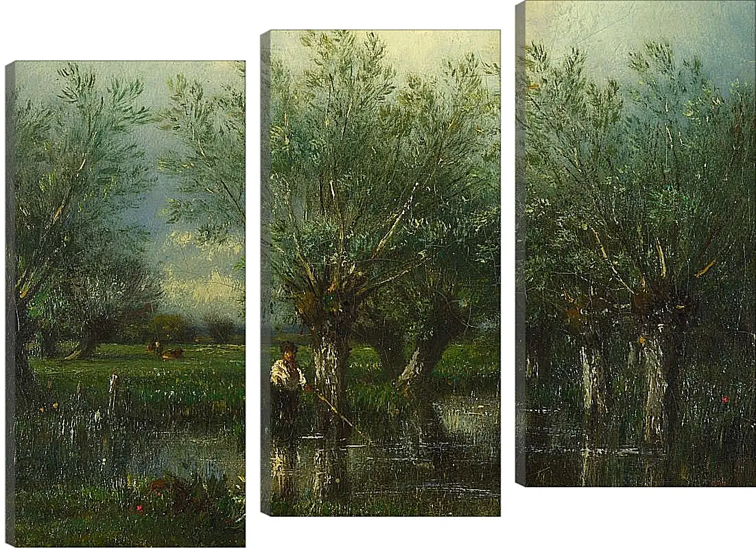 Модульная картина - Willows, with a Man Fishing.. Жюль Дюпре