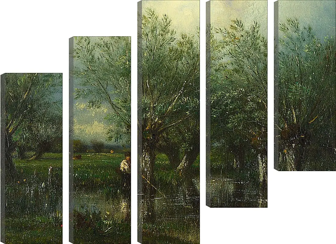 Модульная картина - Willows, with a Man Fishing.. Жюль Дюпре