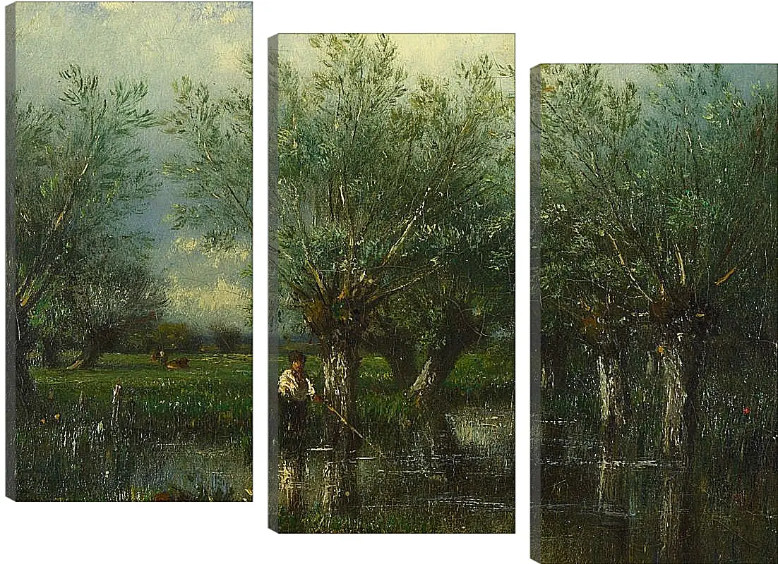 Модульная картина - Willows, with a Man Fishing.. Жюль Дюпре