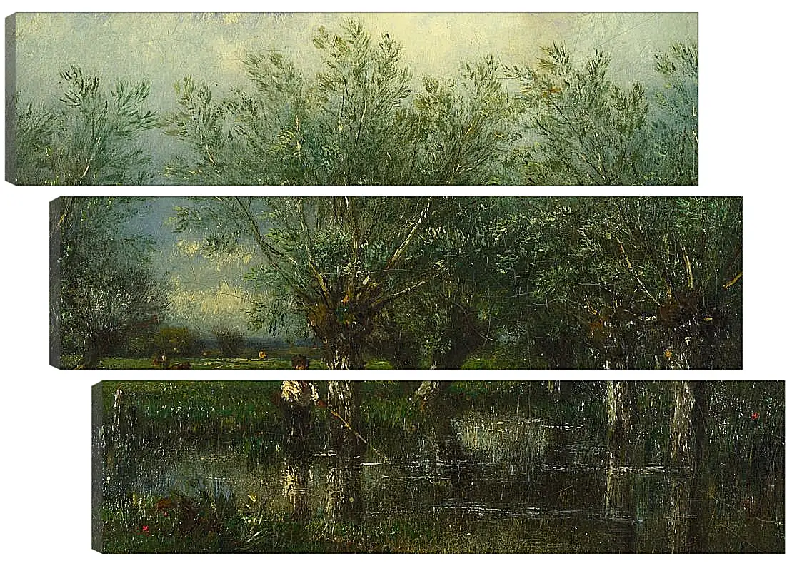 Модульная картина - Willows, with a Man Fishing.. Жюль Дюпре