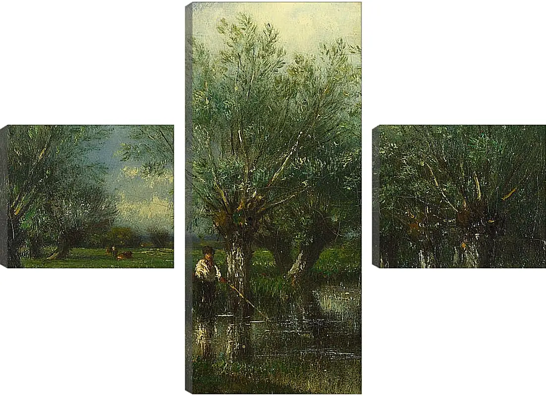 Модульная картина - Willows, with a Man Fishing.. Жюль Дюпре