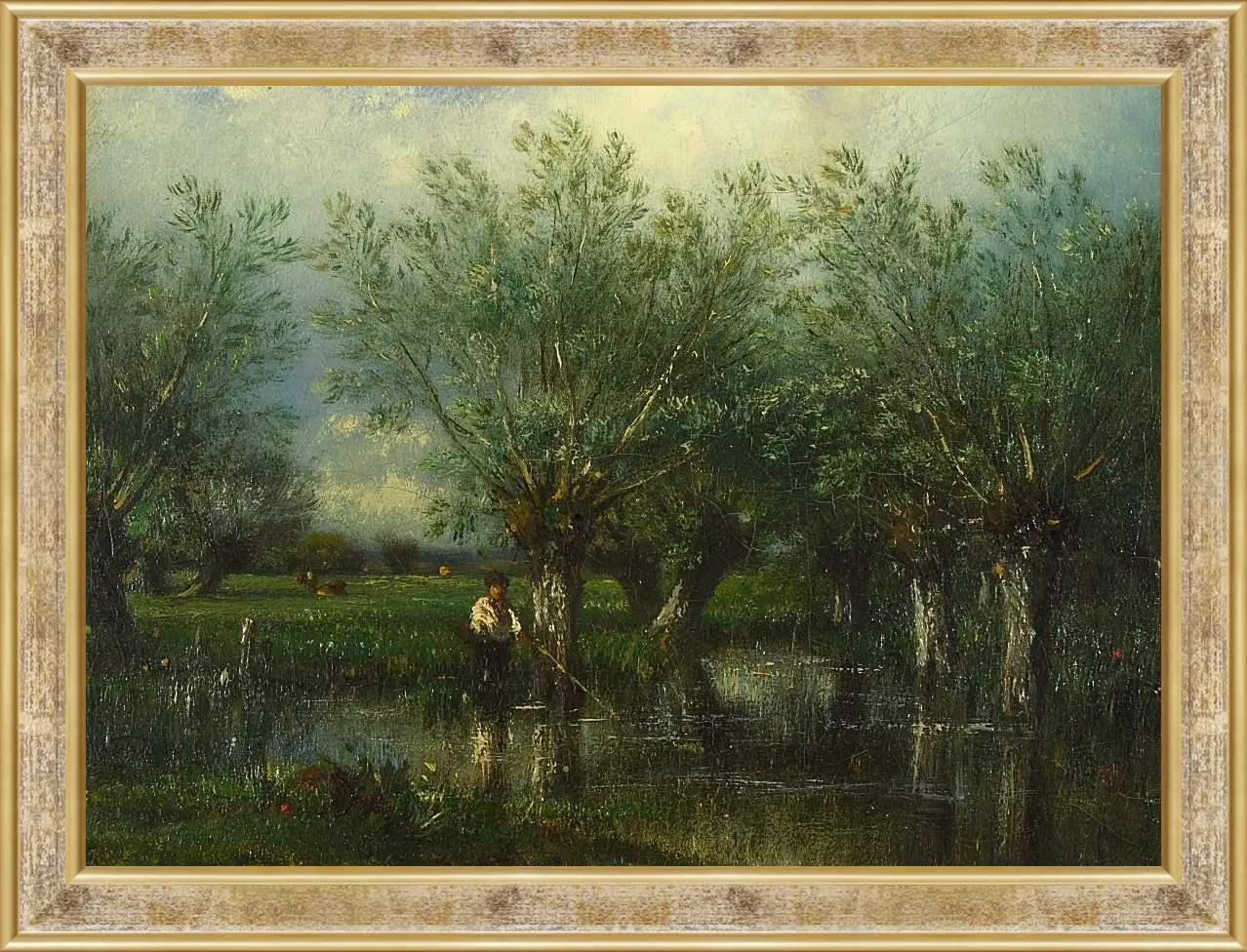 Картина в раме - Willows, with a Man Fishing.. Жюль Дюпре