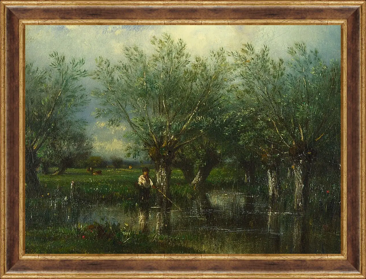 Картина в раме - Willows, with a Man Fishing.. Жюль Дюпре