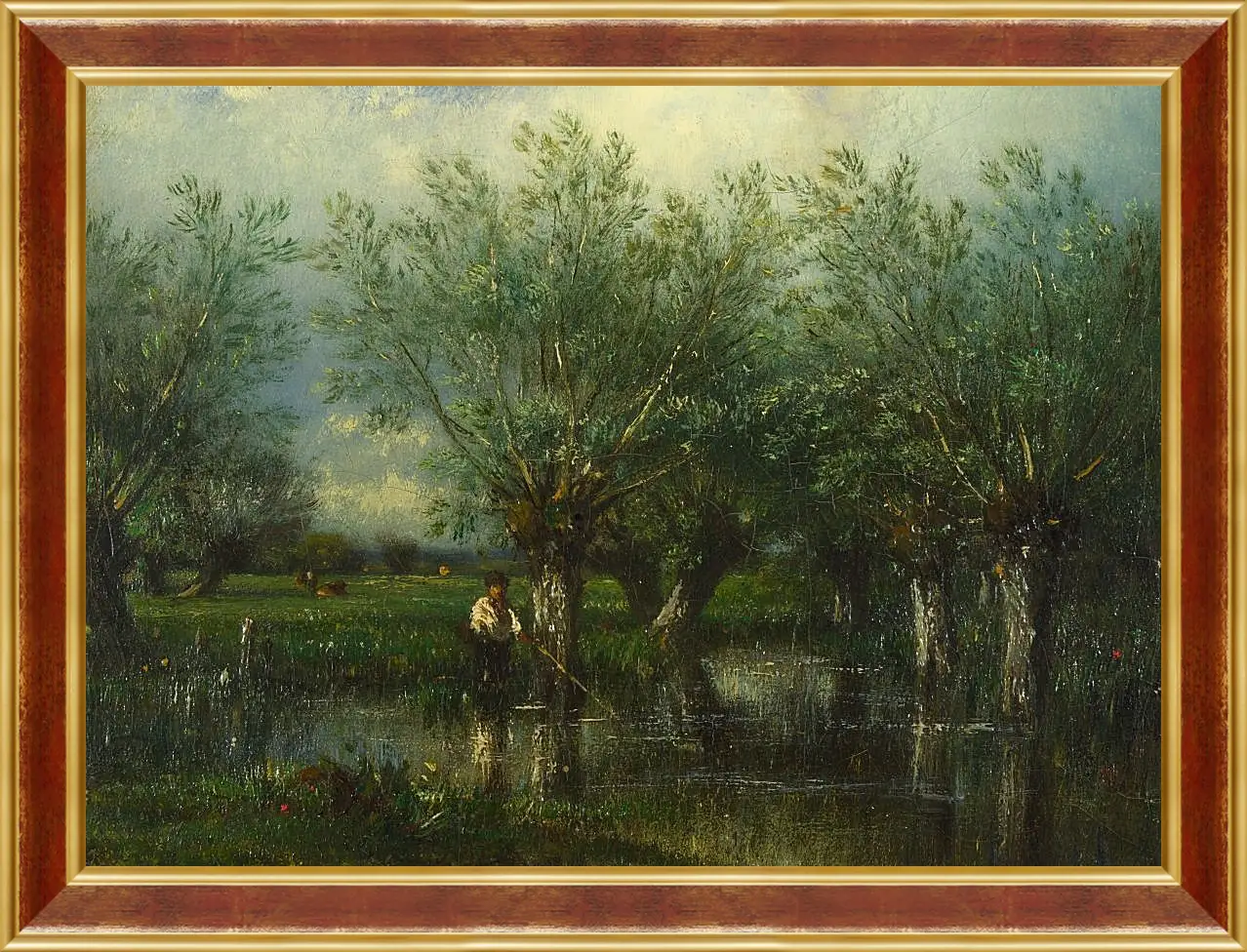 Картина в раме - Willows, with a Man Fishing.. Жюль Дюпре