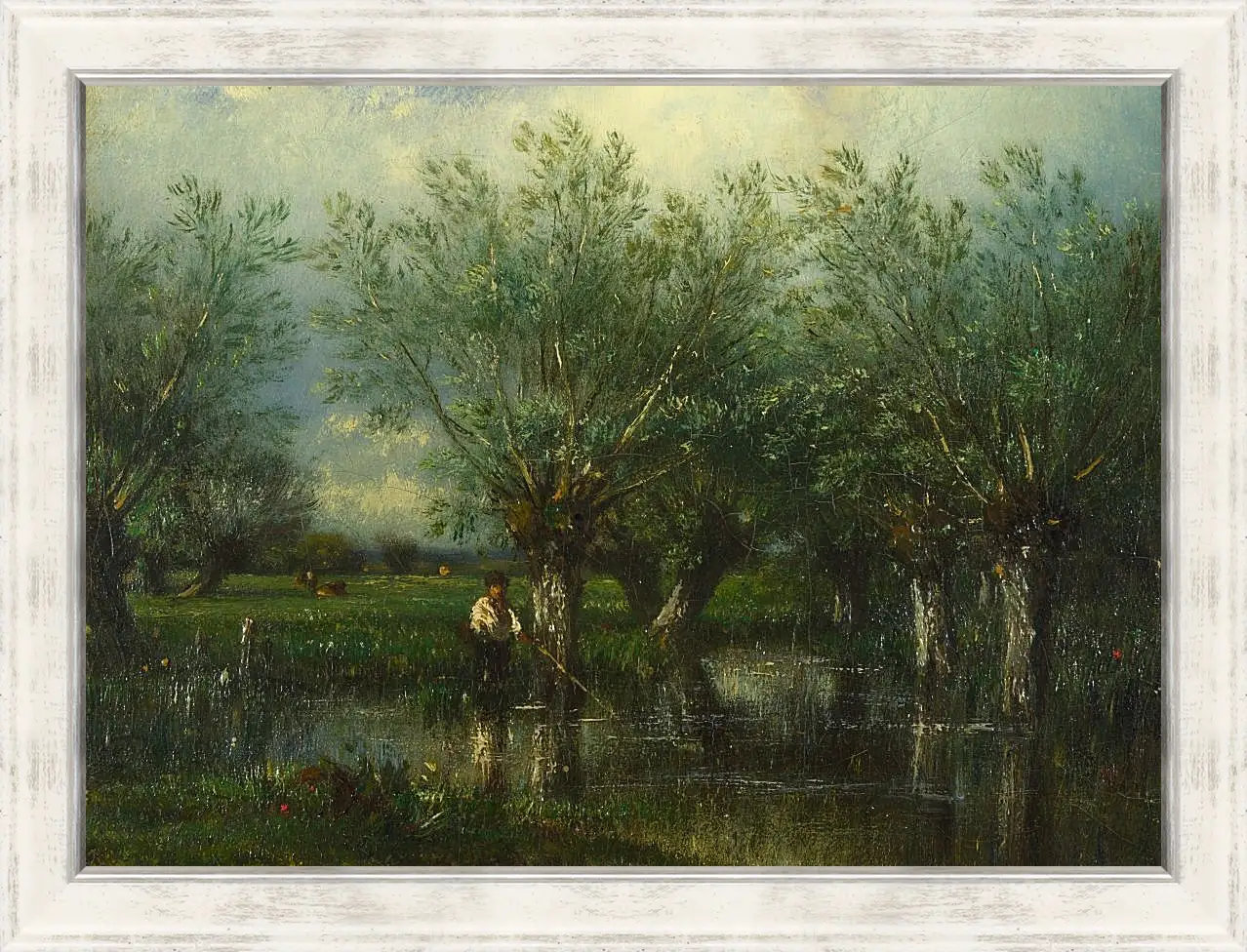 Картина в раме - Willows, with a Man Fishing.. Жюль Дюпре