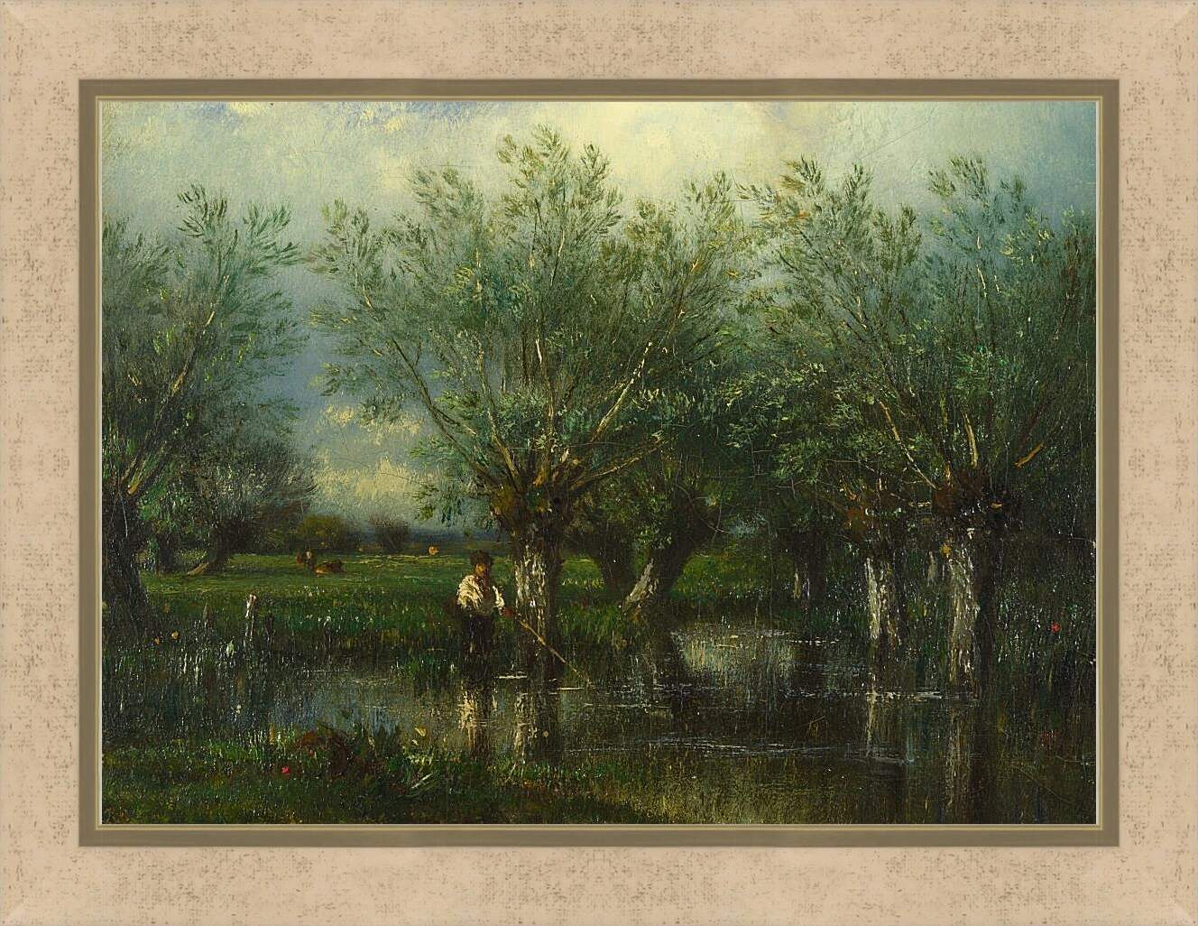 Картина в раме - Willows, with a Man Fishing.. Жюль Дюпре