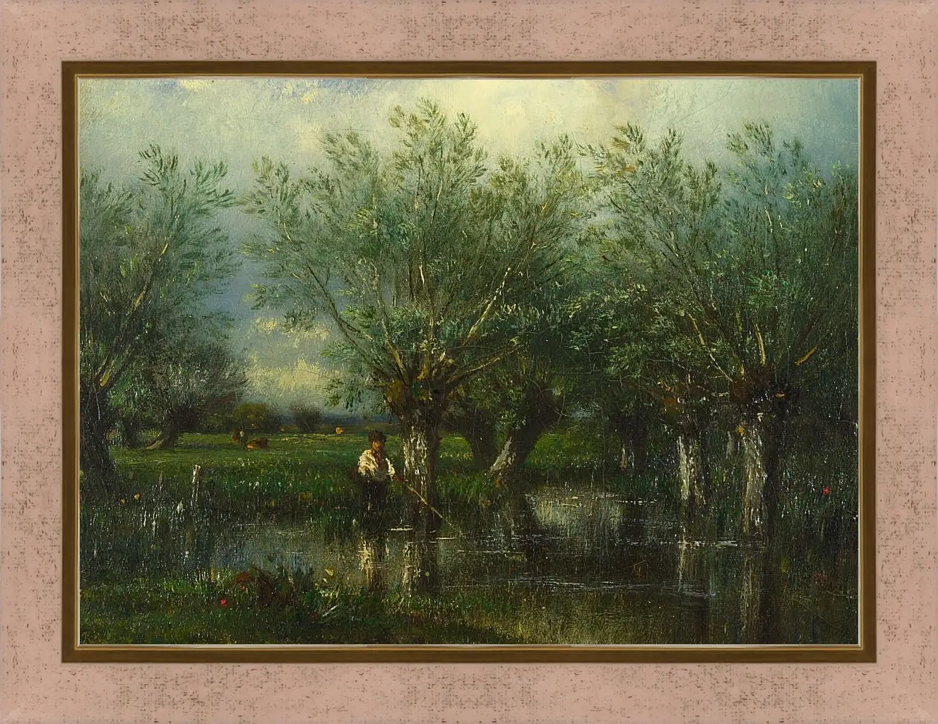 Картина в раме - Willows, with a Man Fishing.. Жюль Дюпре