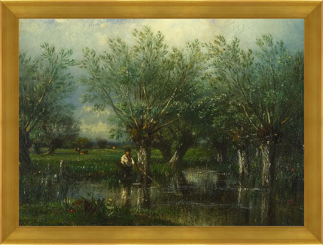 Картина в раме - Willows, with a Man Fishing.. Жюль Дюпре