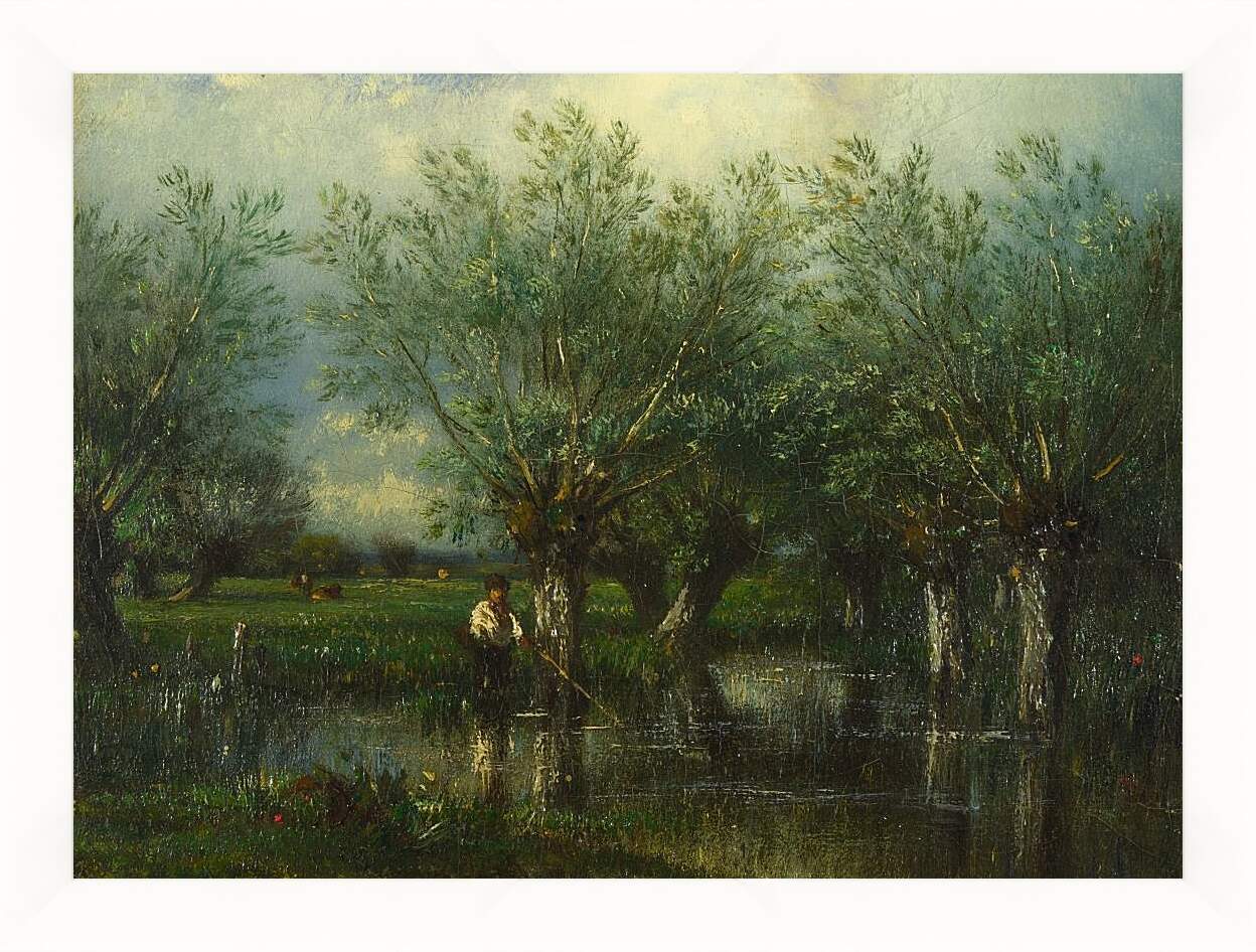 Картина в раме - Willows, with a Man Fishing.. Жюль Дюпре
