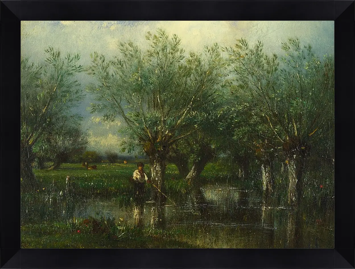 Картина в раме - Willows, with a Man Fishing.. Жюль Дюпре