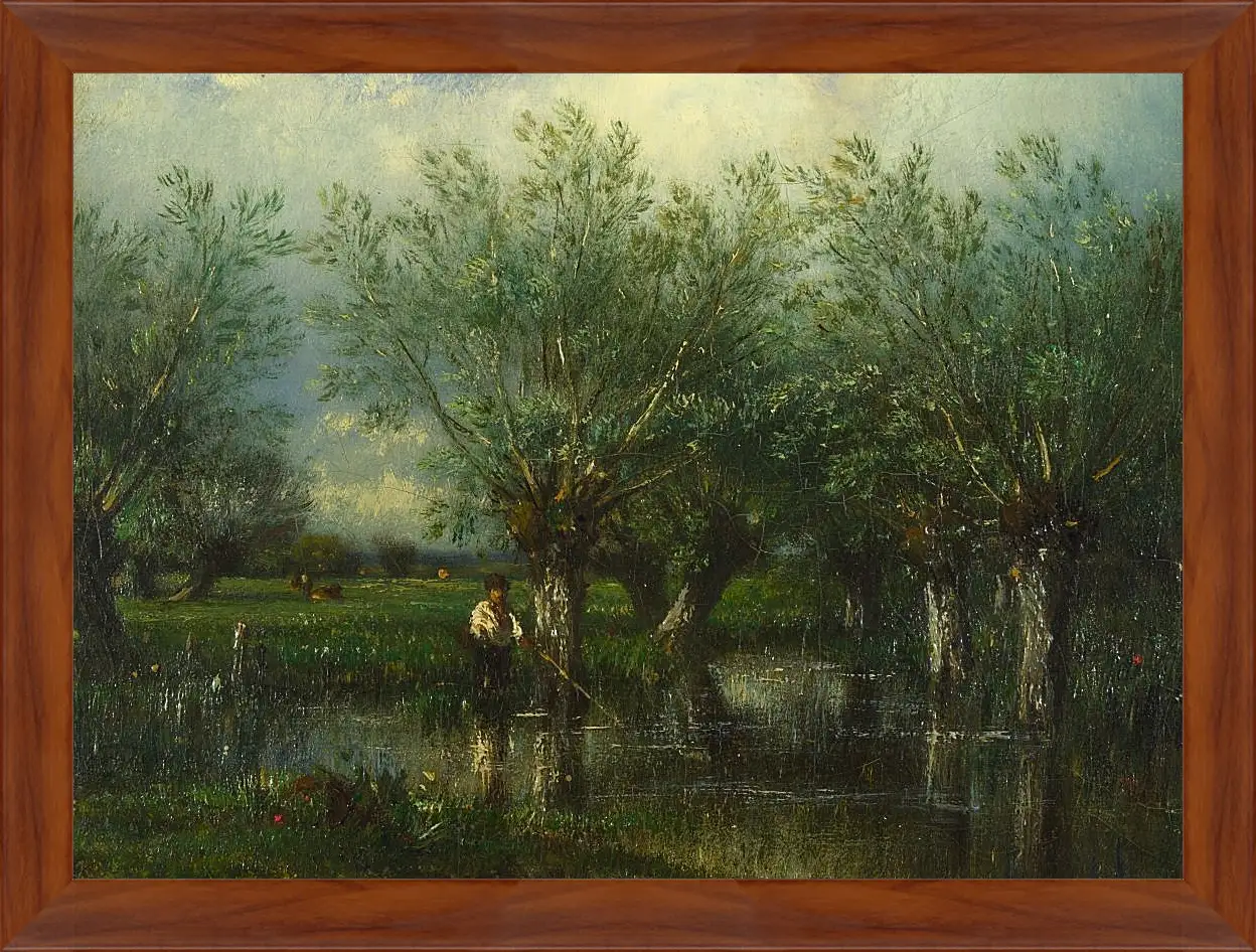 Картина в раме - Willows, with a Man Fishing.. Жюль Дюпре