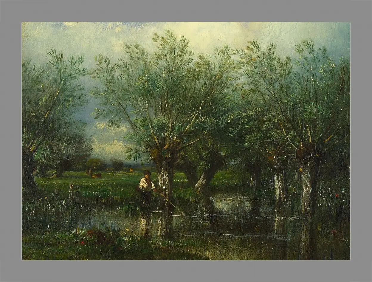 Картина в раме - Willows, with a Man Fishing.. Жюль Дюпре