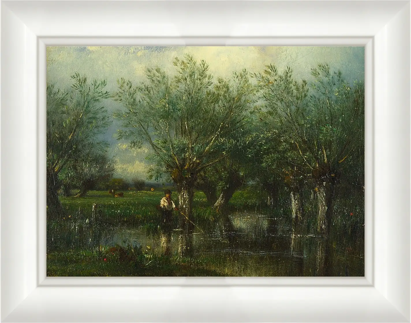 Картина в раме - Willows, with a Man Fishing.. Жюль Дюпре