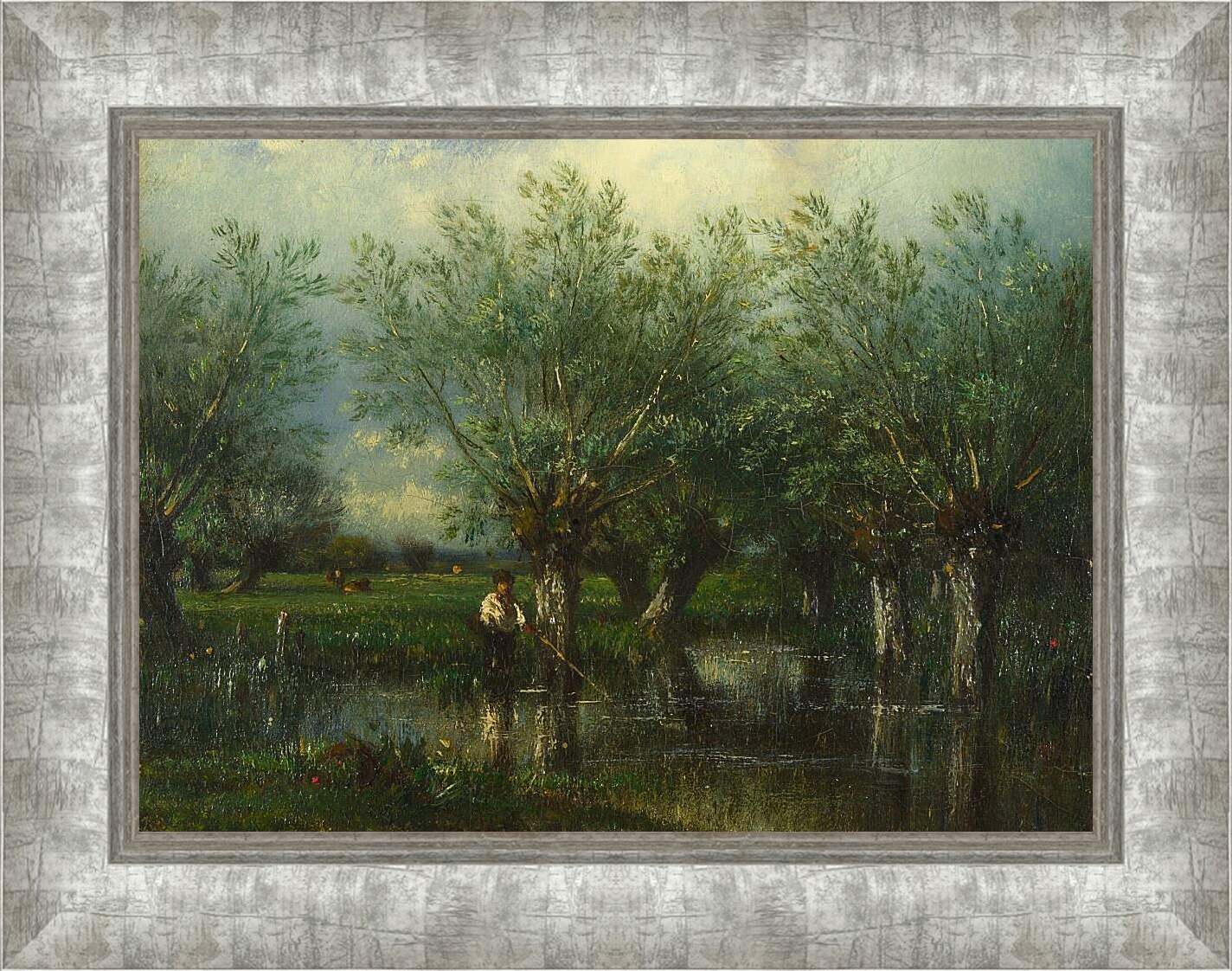 Картина в раме - Willows, with a Man Fishing.. Жюль Дюпре