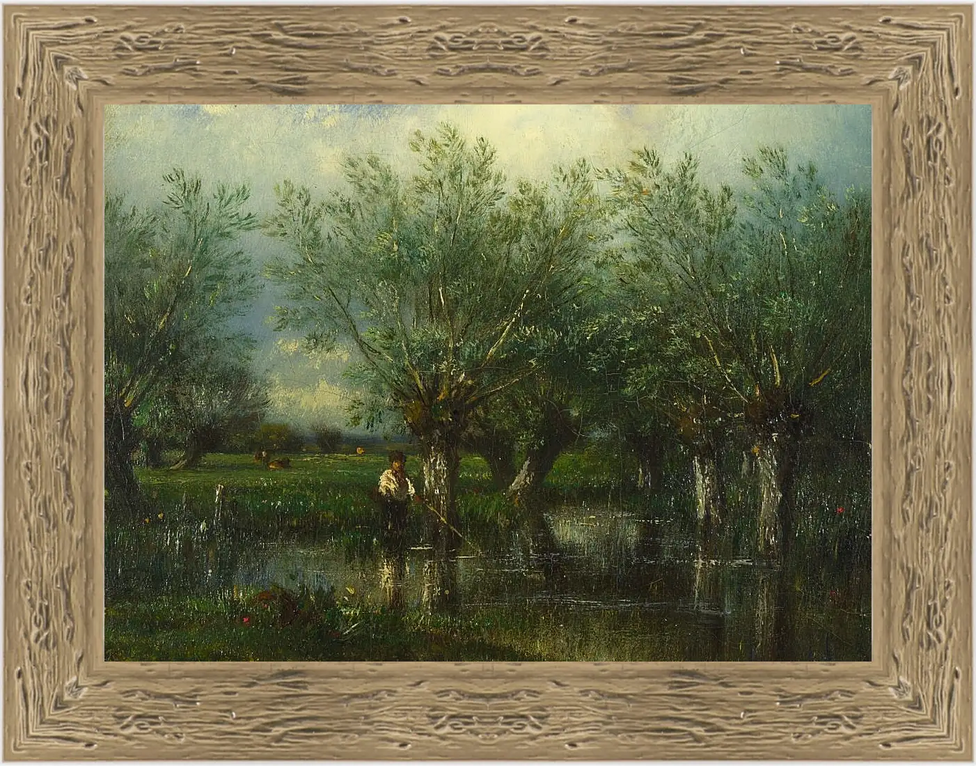 Картина в раме - Willows, with a Man Fishing.. Жюль Дюпре