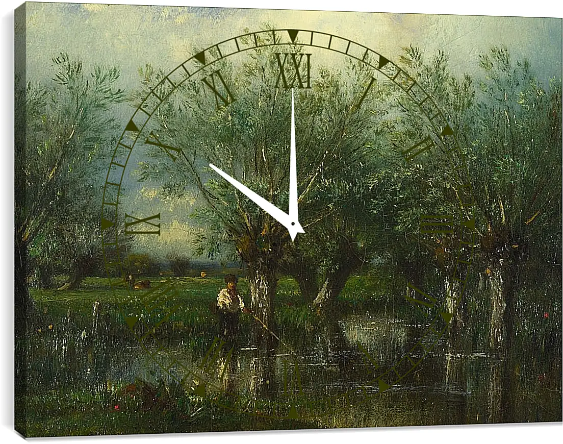 Часы картина - Willows, with a Man Fishing.. Жюль Дюпре