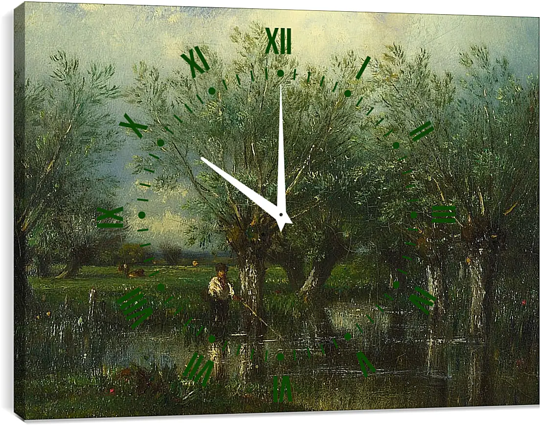 Часы картина - Willows, with a Man Fishing.. Жюль Дюпре