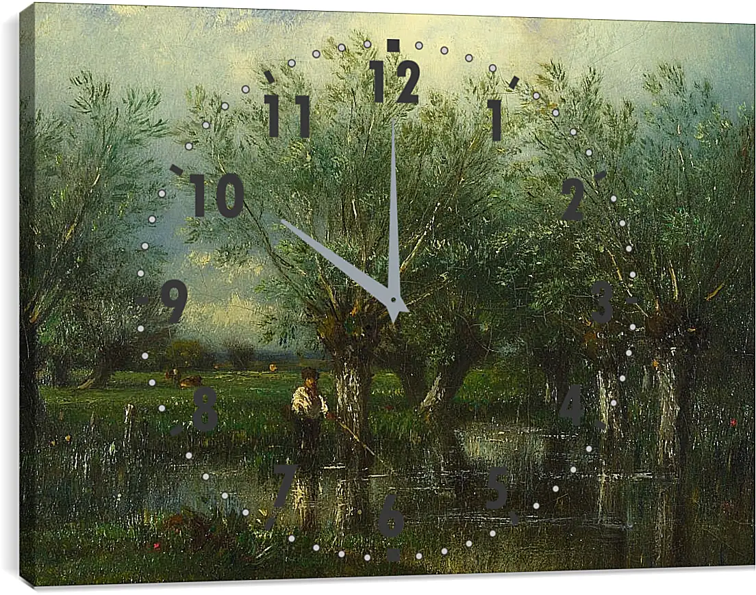 Часы картина - Willows, with a Man Fishing.. Жюль Дюпре