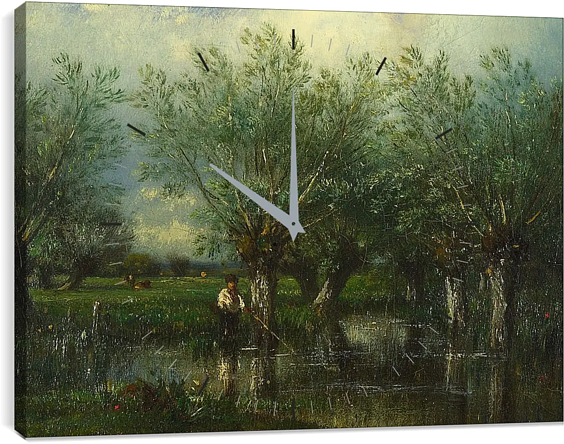 Часы картина - Willows, with a Man Fishing.. Жюль Дюпре