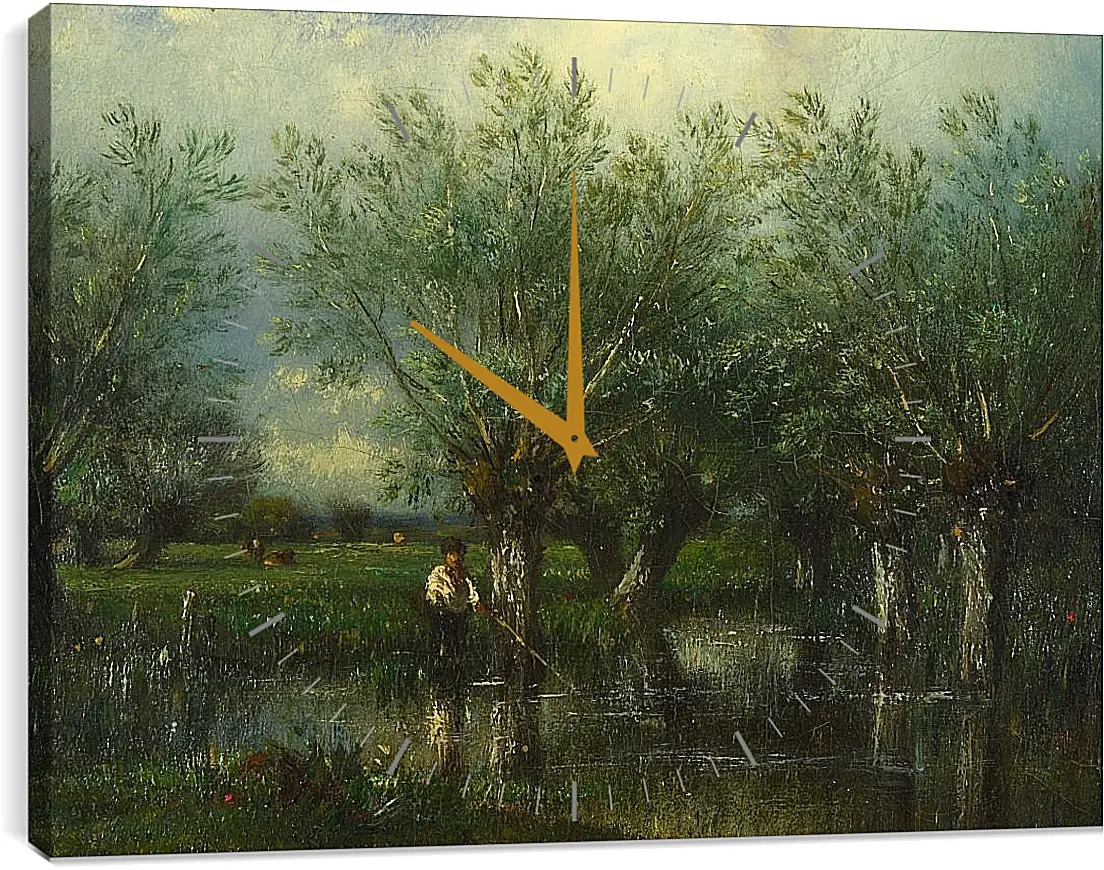 Часы картина - Willows, with a Man Fishing.. Жюль Дюпре