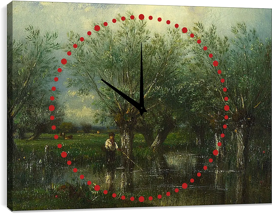 Часы картина - Willows, with a Man Fishing.. Жюль Дюпре