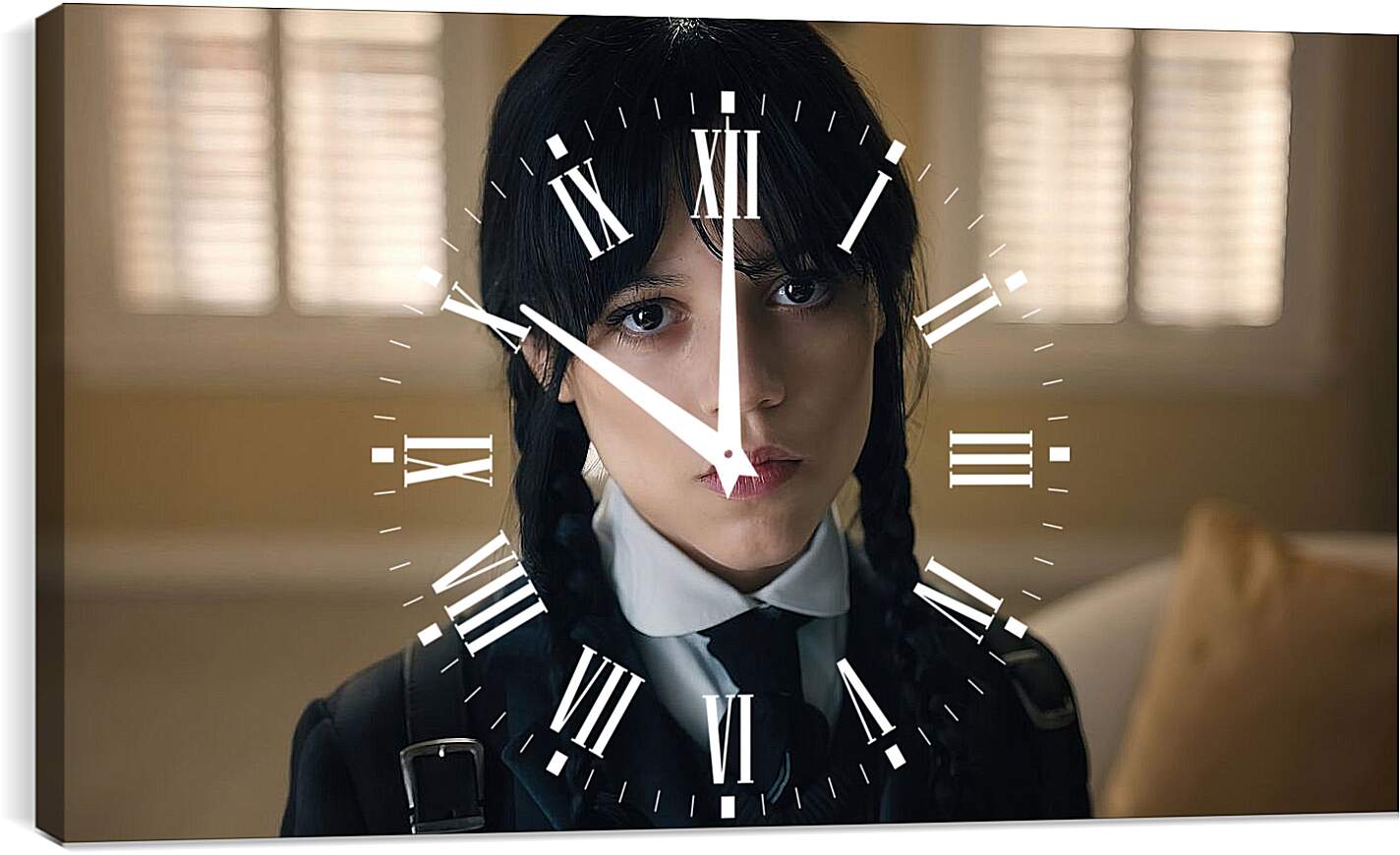 Часы картина - Уэнсдей Аддамс с двумя чёрными косичками