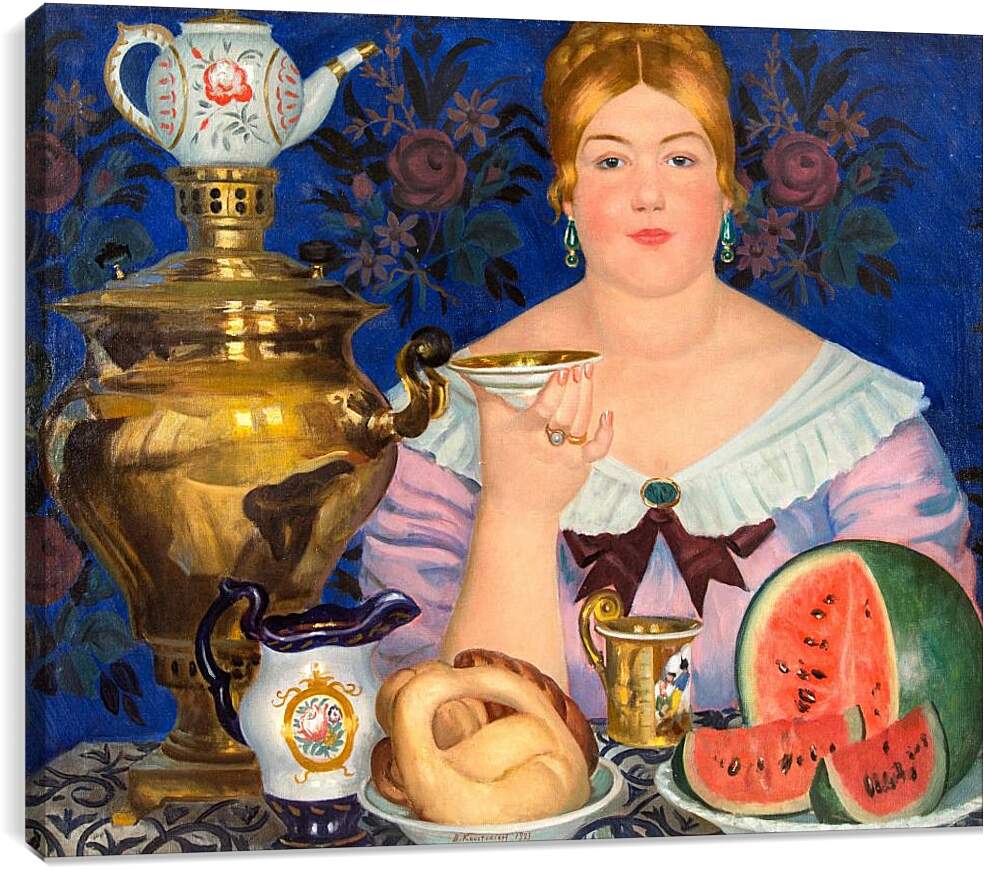 Постер и плакат - Купчиха, пьющая чай. Борис Кустодиев