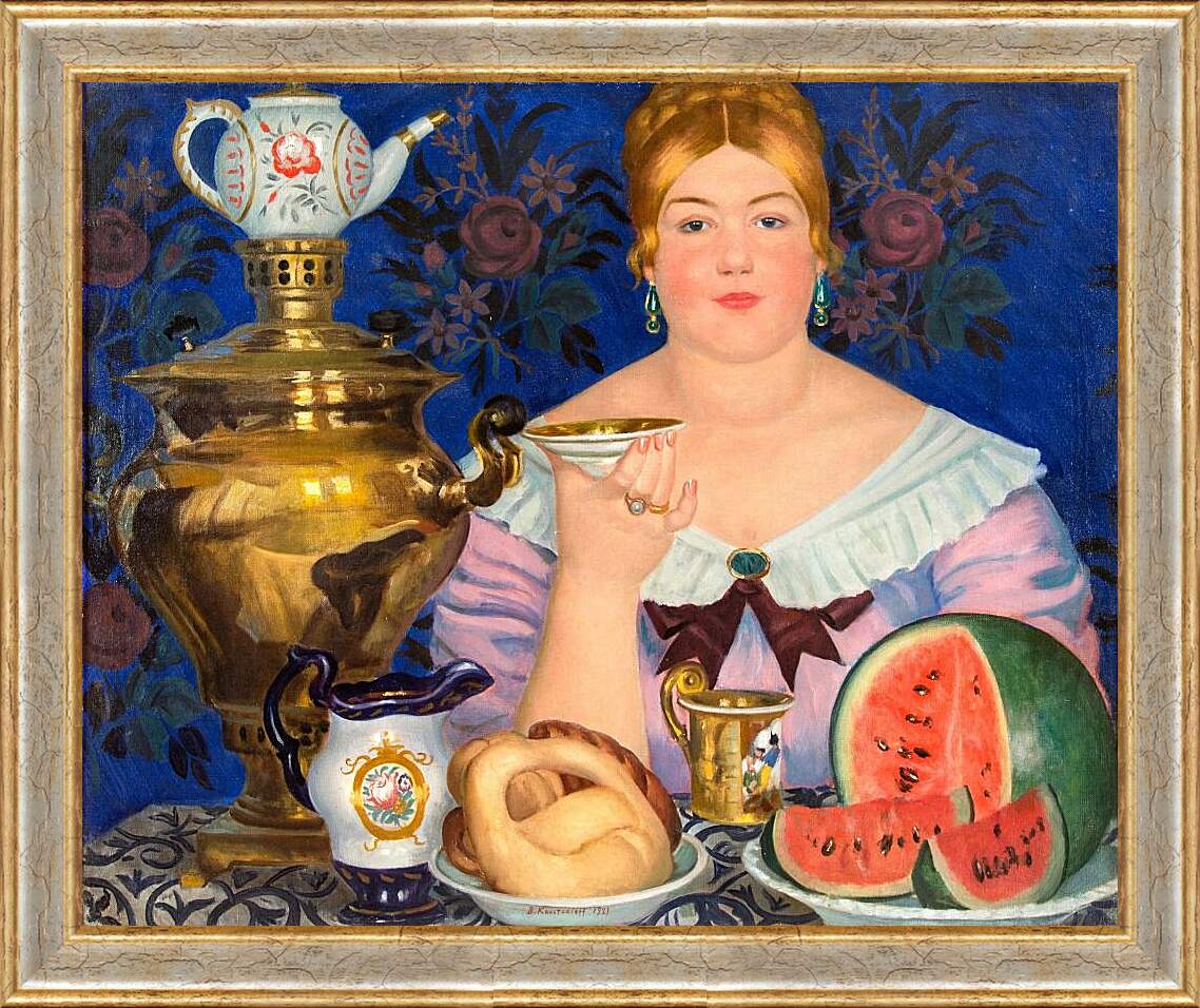Картина в раме - Купчиха, пьющая чай. Борис Кустодиев