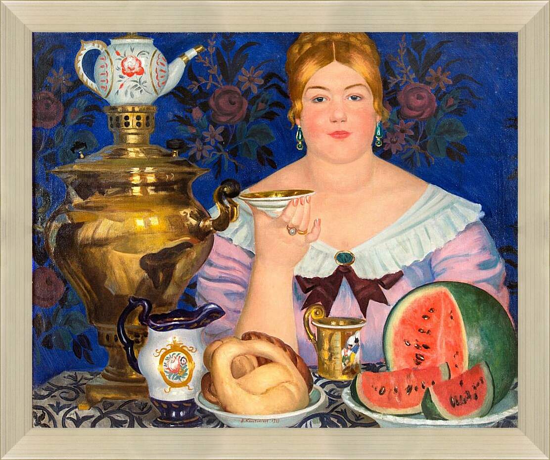 Картина в раме - Купчиха, пьющая чай. Борис Кустодиев