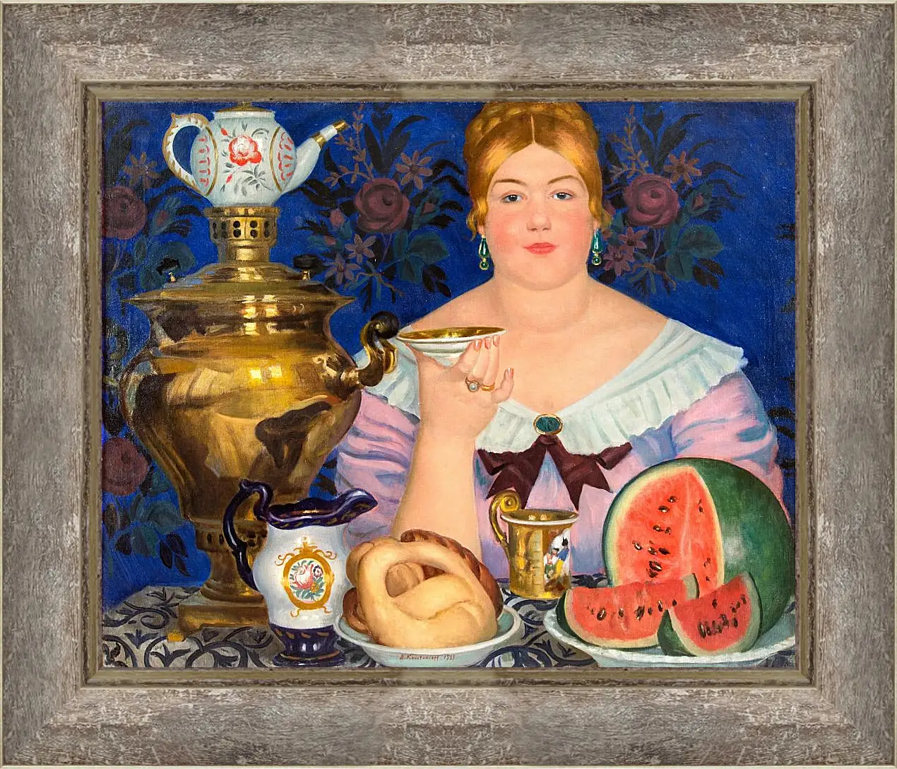 Картина в раме - Купчиха, пьющая чай. Борис Кустодиев