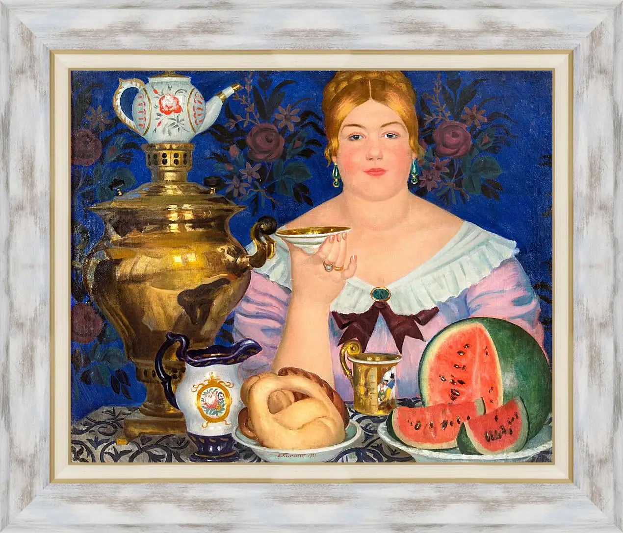 Картина в раме - Купчиха, пьющая чай. Борис Кустодиев