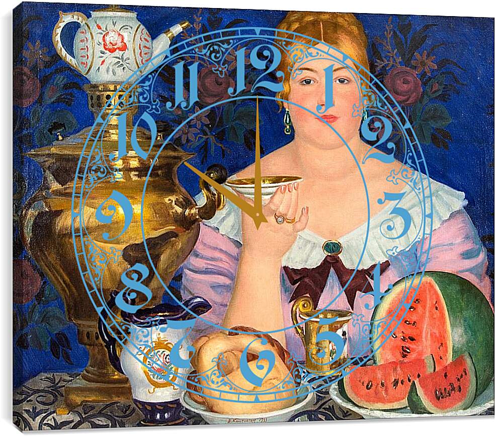 Часы картина - Купчиха, пьющая чай. Борис Кустодиев
