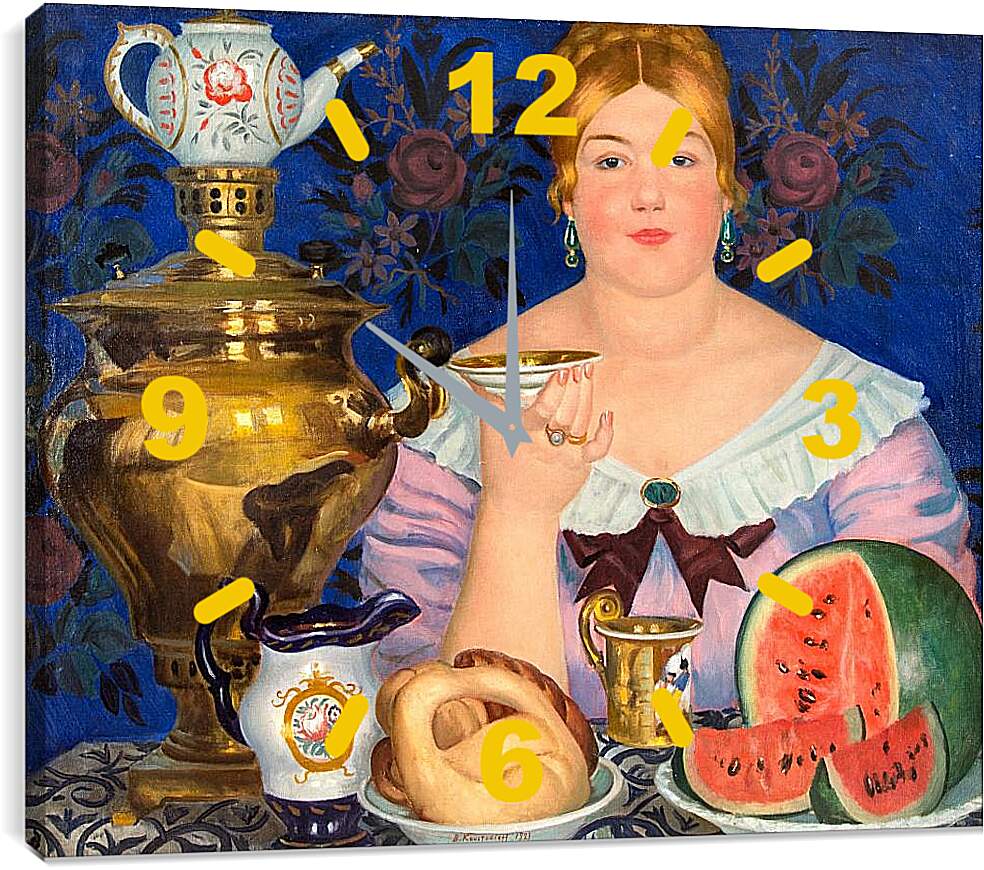 Часы картина - Купчиха, пьющая чай. Борис Кустодиев