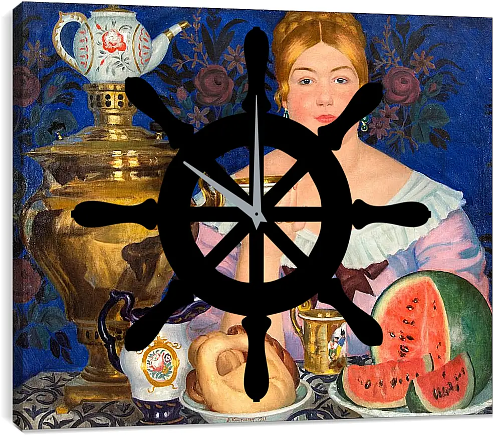 Часы картина - Купчиха, пьющая чай. Борис Кустодиев