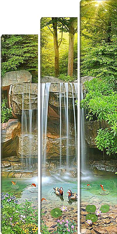 Модульная картина - Водопад и плавающие уточки