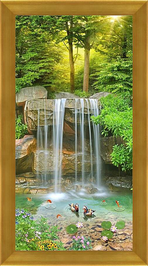 Картина в раме - Водопад и плавающие уточки