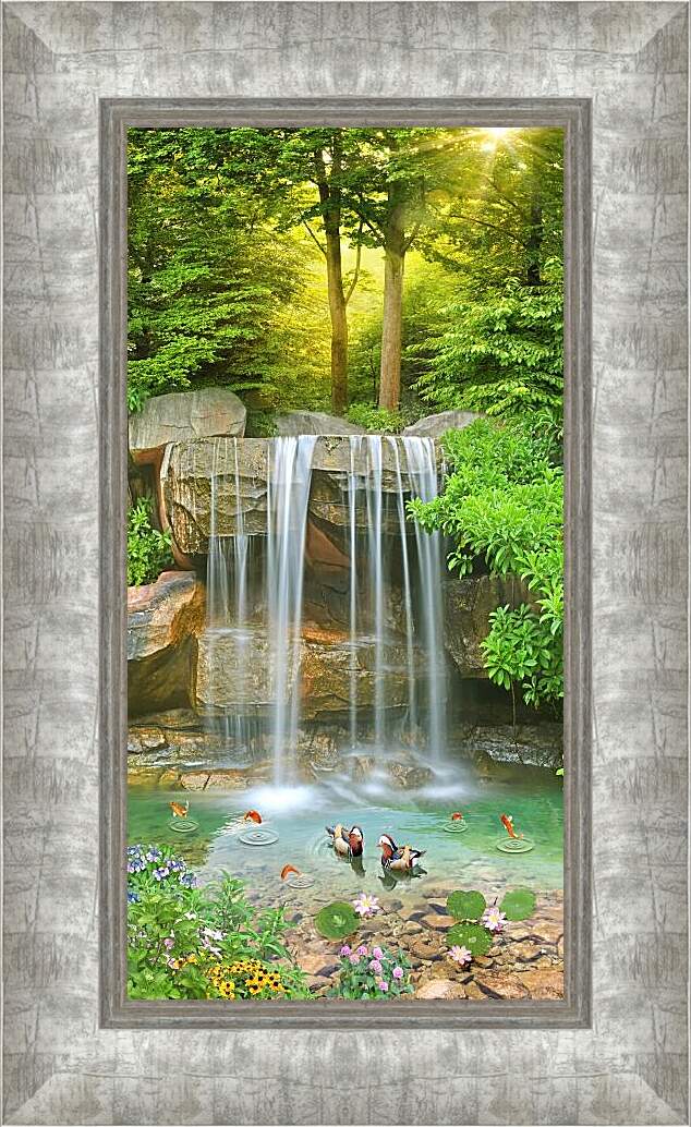 Картина в раме - Водопад и плавающие уточки