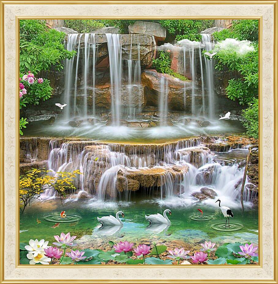 Картина в раме - Водопад и плавающие лебеди