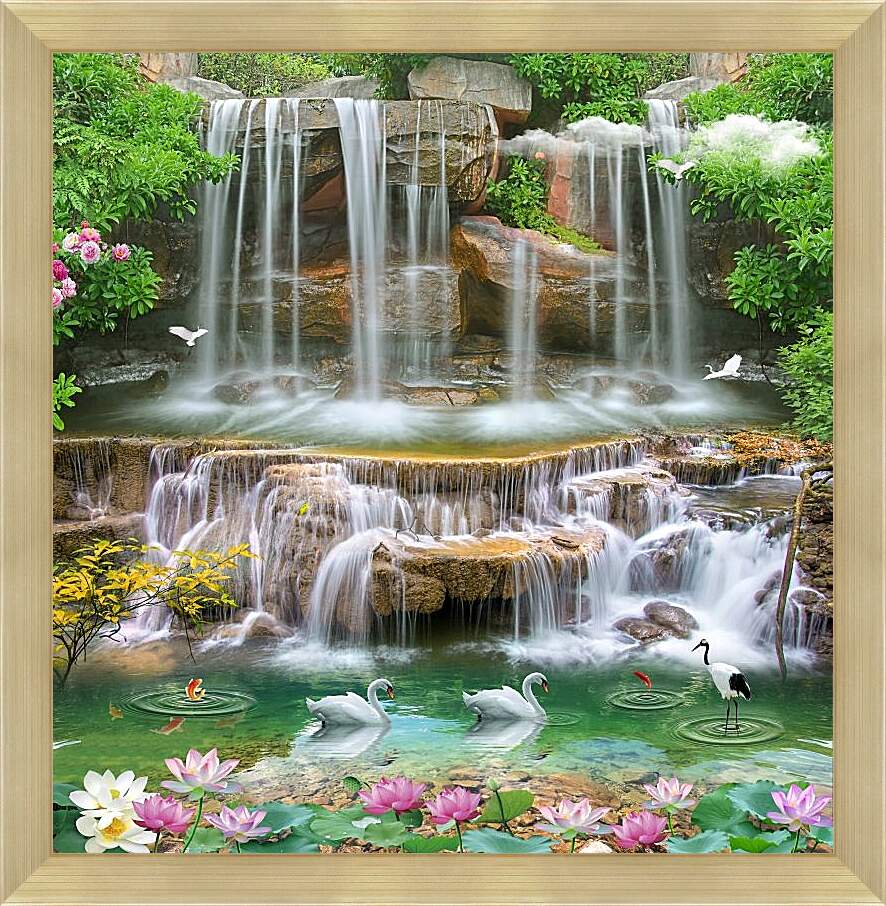 Картина в раме - Водопад и плавающие лебеди