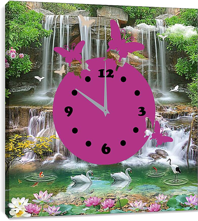Часы картина - Водопад и плавающие лебеди