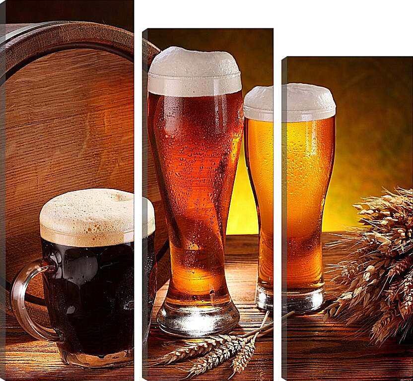 Модульная картина - Пиво в боченке, кружке и стаканах